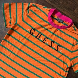 J. Balvin Vibras GUESS Orange‎ Green Stripe T Shirt Men's L Retro 2019 Reggaeton